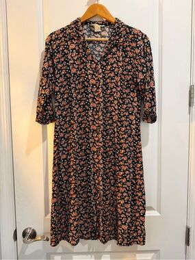 H&M Floral Button Front Shirt Dress Black Orange Women's XL
